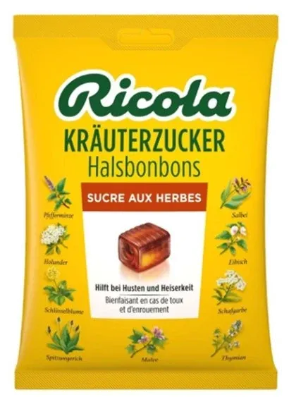 Ein gelber Ricola Beutel