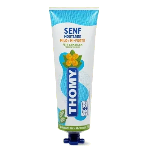 Eine blau-weisse Tube mit Aufschrift "Thomy Senf"